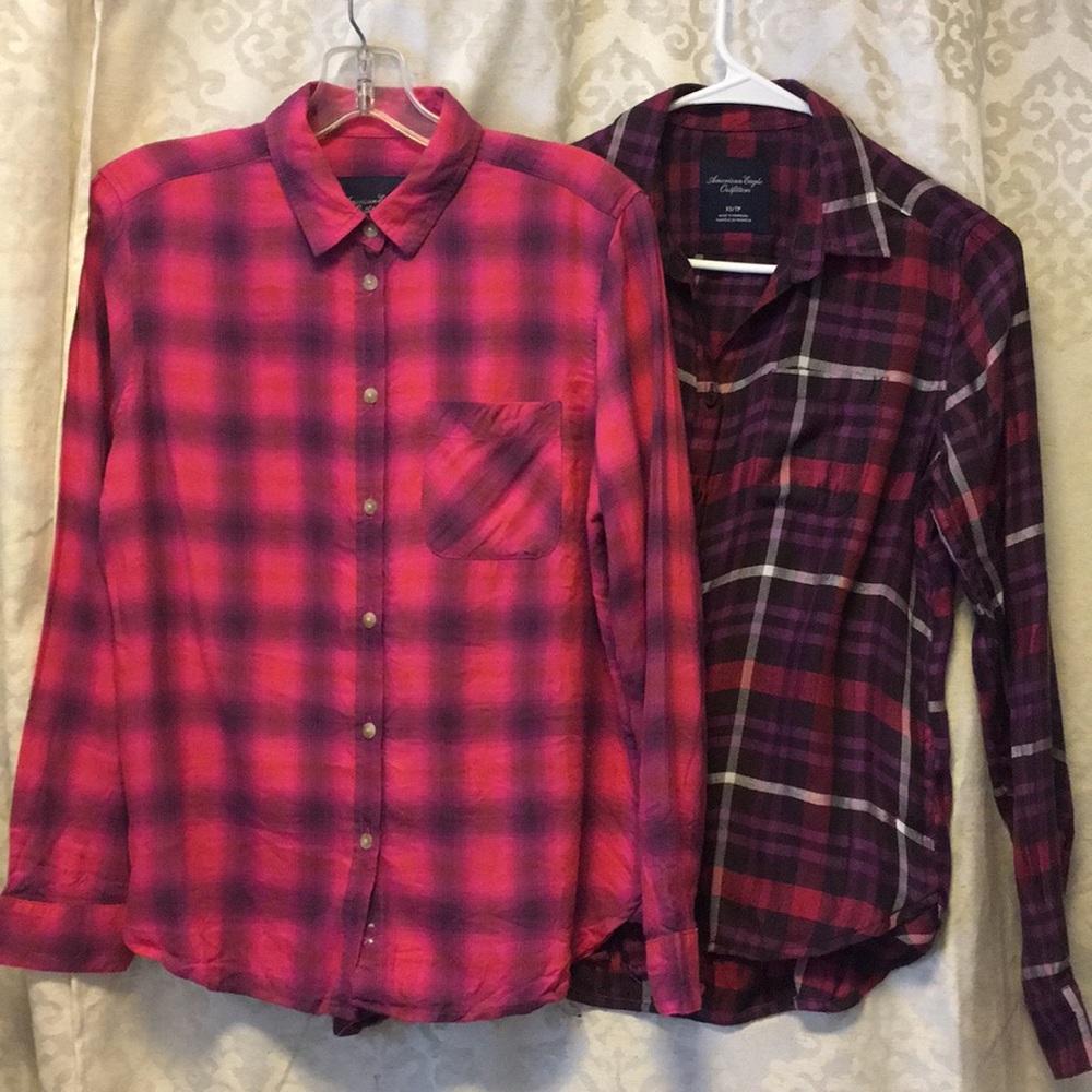 2 AEO plaid button-down shirts